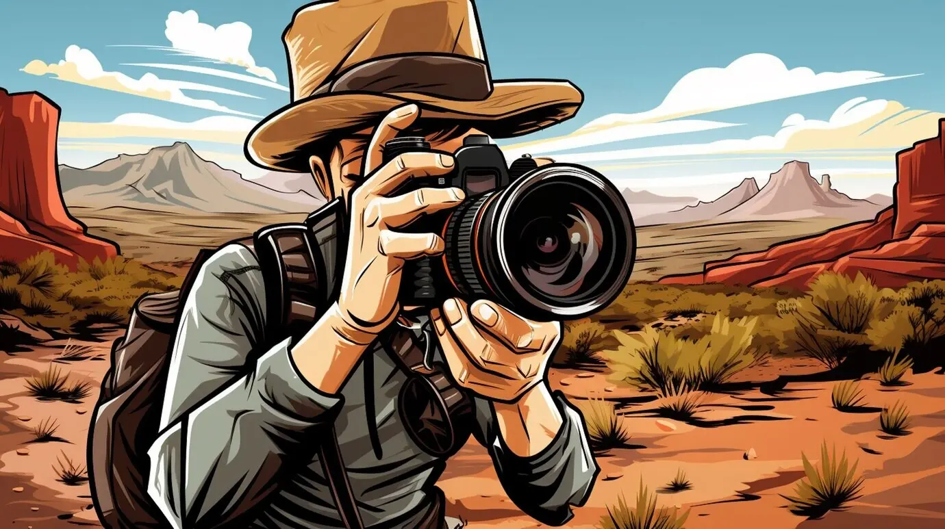 Eine Figur im Cartoon-Stil auf Reisen.